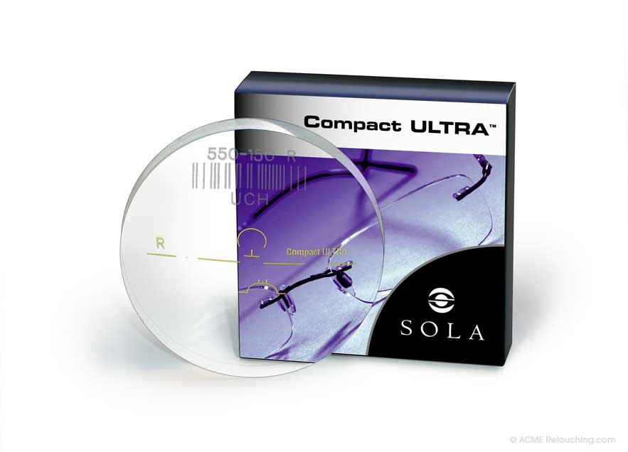 Photo retouching, complete re-render of Sola Compact Ultra lens and package digital snap utilizing label and lens markings mechanicals